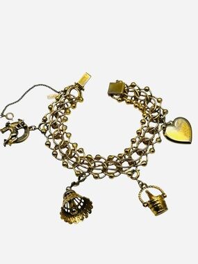 Vintage Monet Woven Charm Bracelet Equestrian Bell Heart Champagne